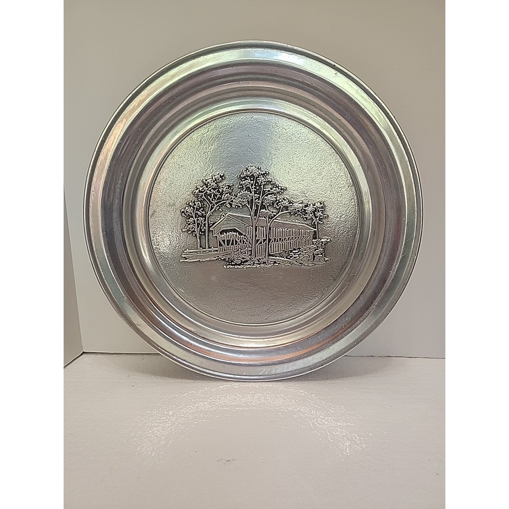 Vintage Wilton Armetale‎ Pewter Wall Art Hanging Plate Covered Bridge USA
